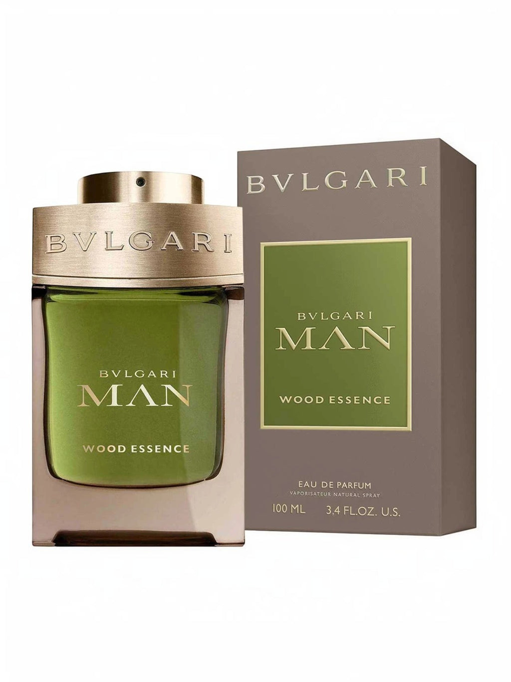 Maison Glitter Bvlgari Man Wood Essence Eau de Parfum for men, 100ml bottle with green liquid and gold cap, with matching box.