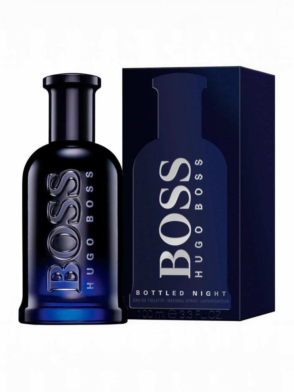 Maison Glitter Hugo B. Bottled Night EDT 100ml Eau de Toilette for men, dark blue bottle with silver BOSS logo.