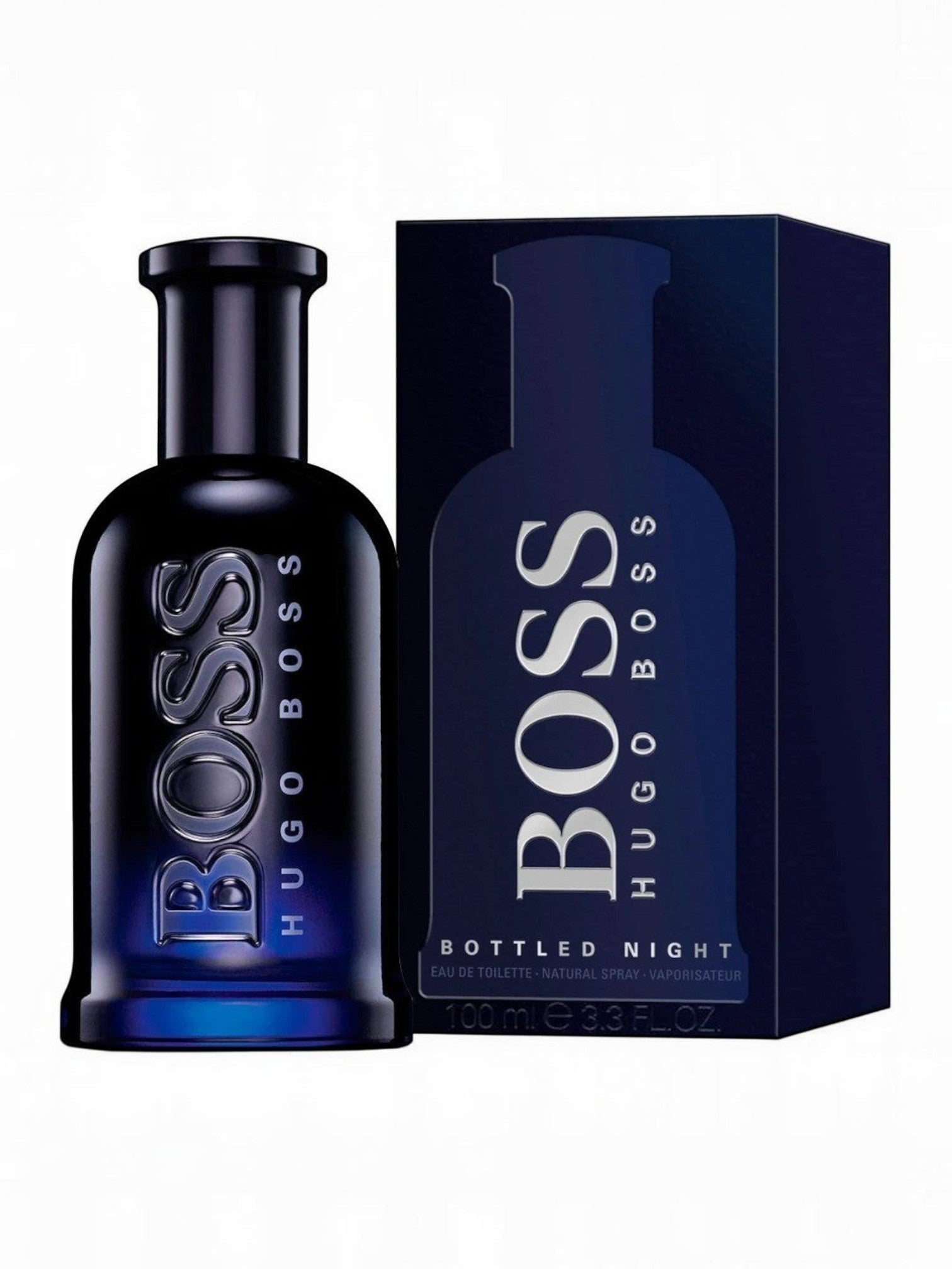Maison Glitter Hugo B. Bottled Night EDT 100ml Eau de Toilette for men, dark blue bottle with silver BOSS logo.