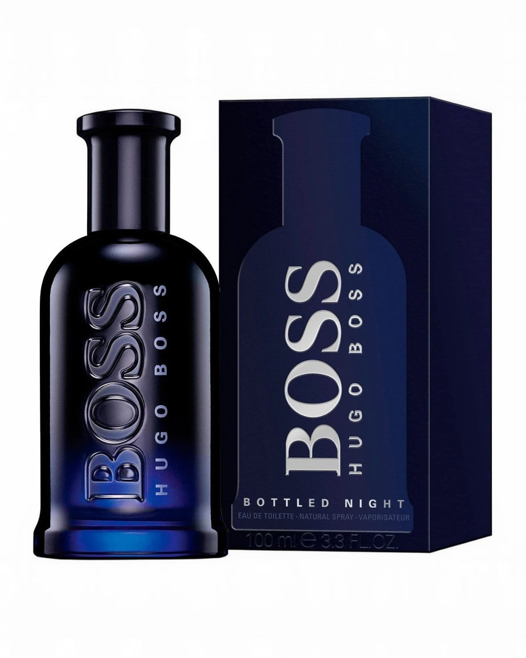 Maison Glitter Hugo Boss Bottled Night EDT 100ml dark blue glass bottle with silver lettering and matching box.