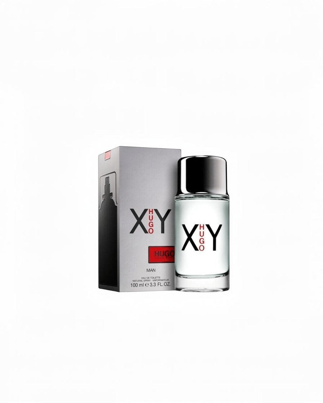 Maison Glitter Hugo B. XY EDT for men, 100ml Eau de Toilette bottle with silver cap and grey box.